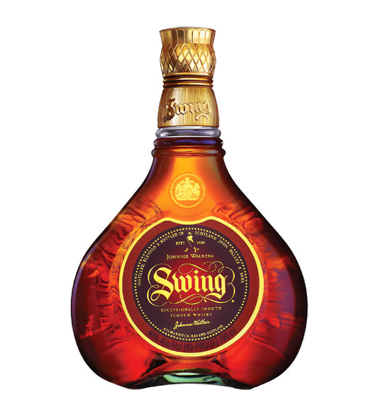 Johnnie Walker Swing Blended Scotch Whisky 75cl unique curved clear glass bottle on white background, amber spirit with blue and gold label featuring brand logo