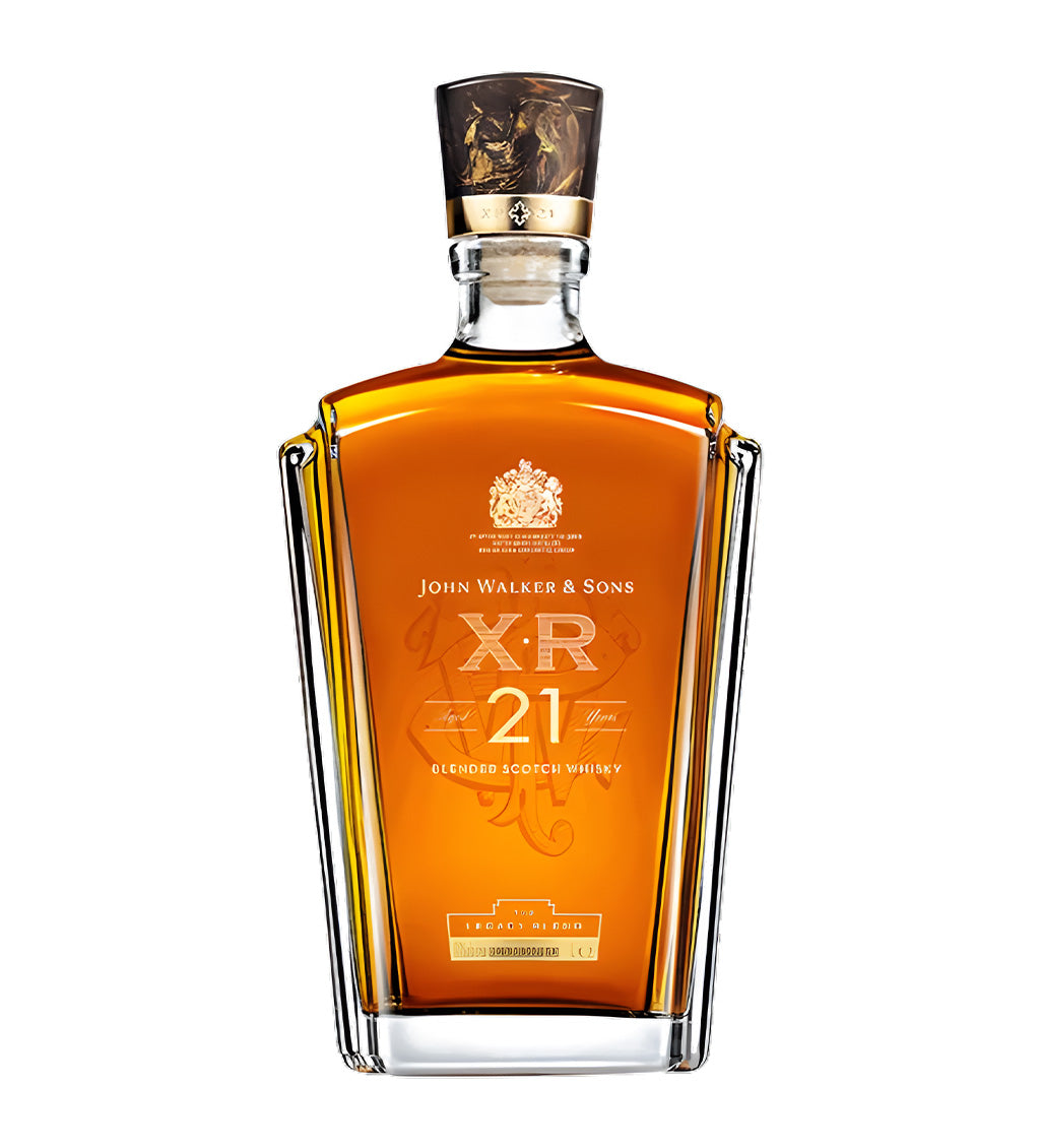 Johnnie Walker XR 21 Years Blended Scotch Whisky 75cl clear glass bottle on white background, rich amber spirit with black, gold, and red label featuring brand logo