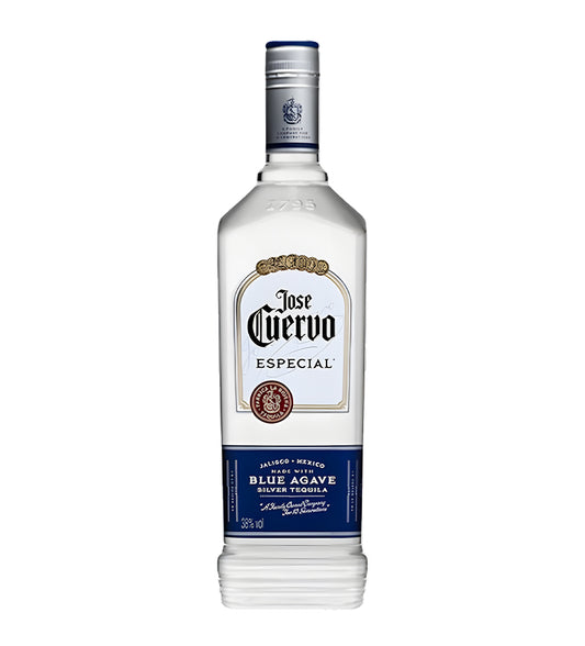 Jose Cuervo Clasico Silver Tequila 1L clear glass bottle on white background, clear spirit with white and gold label featuring agave imagery
