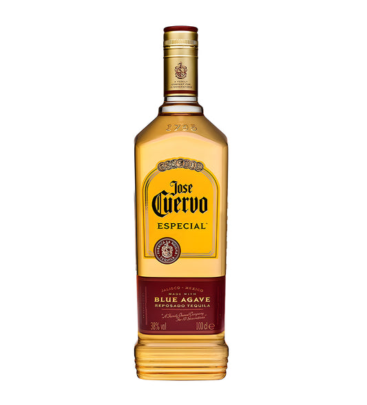 Jose Cuervo Tequila Reposado 1L clear glass bottle on white background, golden spirit with white and gold label featuring agave imagery