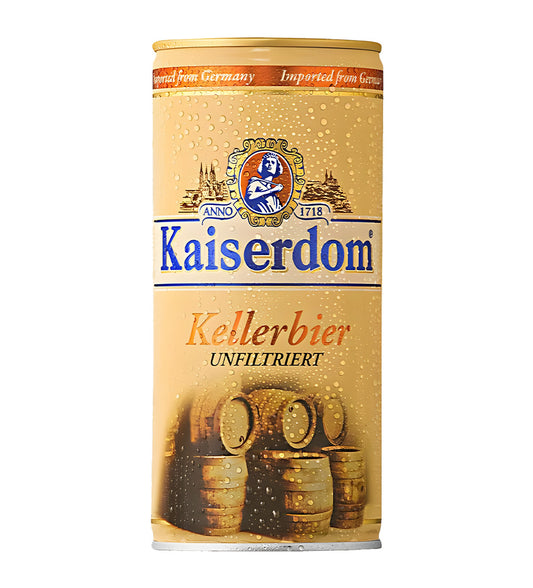 Kaiserdom Kellerbier unfiltered German beer 1L can on white background, traditional blue and beige design with crest logo
