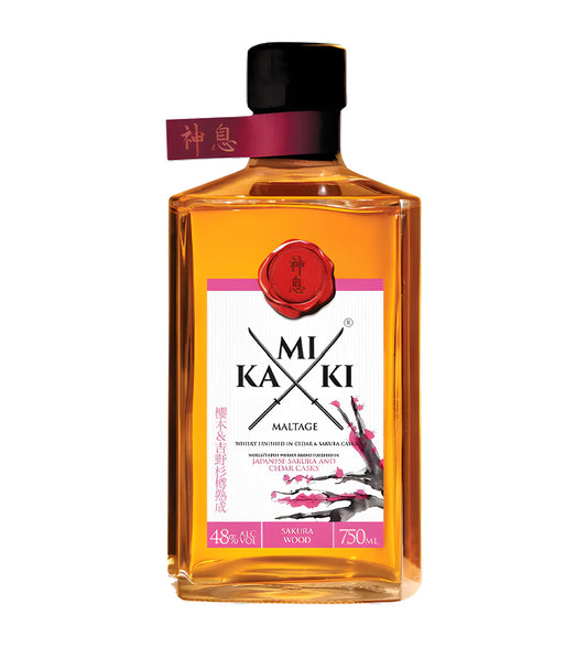 Kamiki Sakura Wood Blend Japanese Whisky 50cl clear glass bottle on white background, amber spirit with pink and gold label featuring brand logo