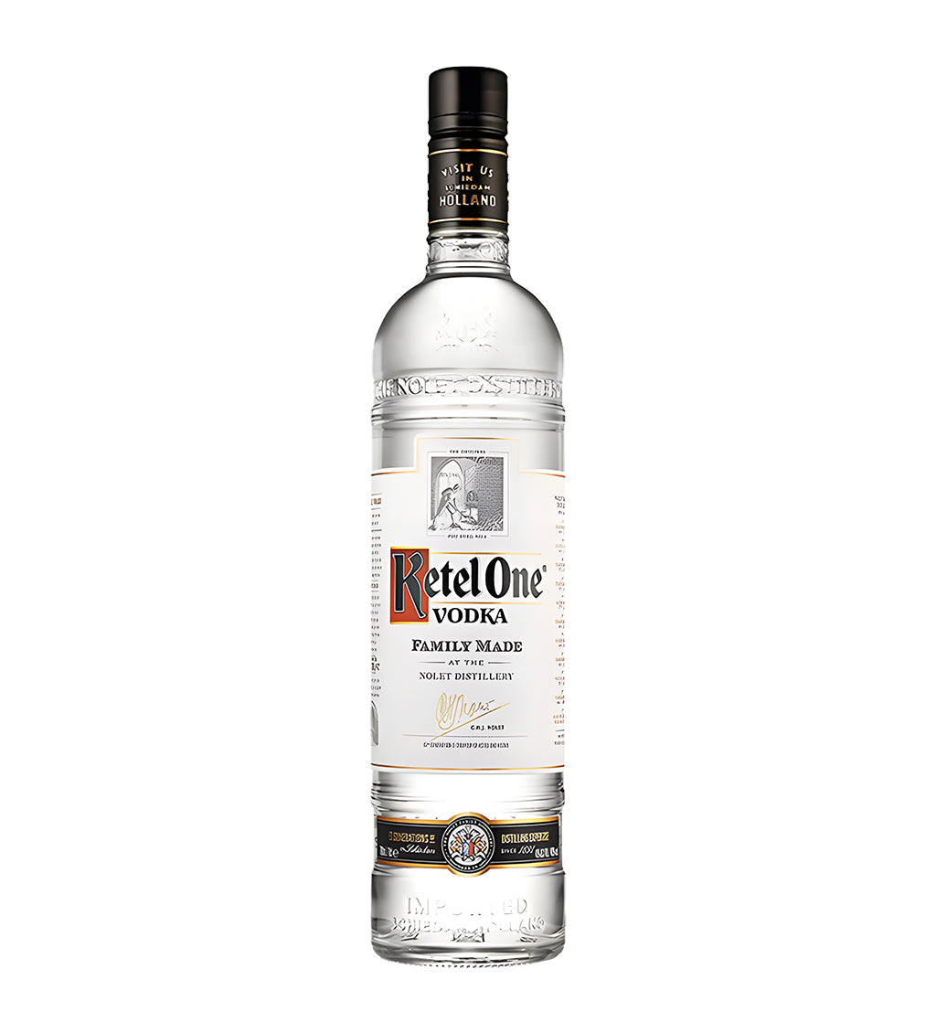 Ketel One Vodka 1L clear glass bottle on white background, white and red label with Dutch distillery illustration