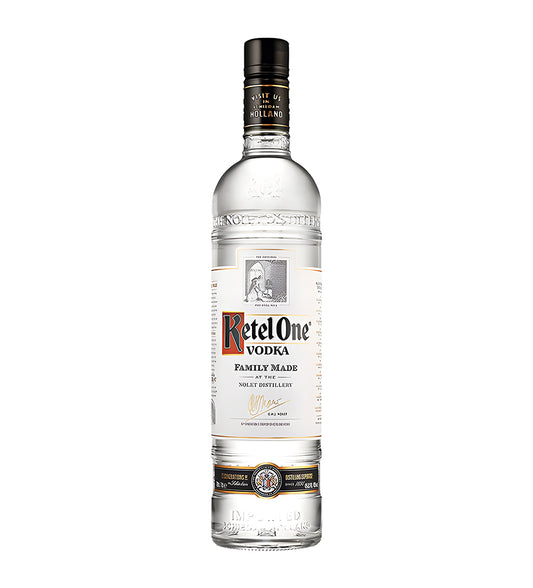 Ketel One Vodka 1L clear glass bottle on white background, white and red label with Dutch distillery illustration
