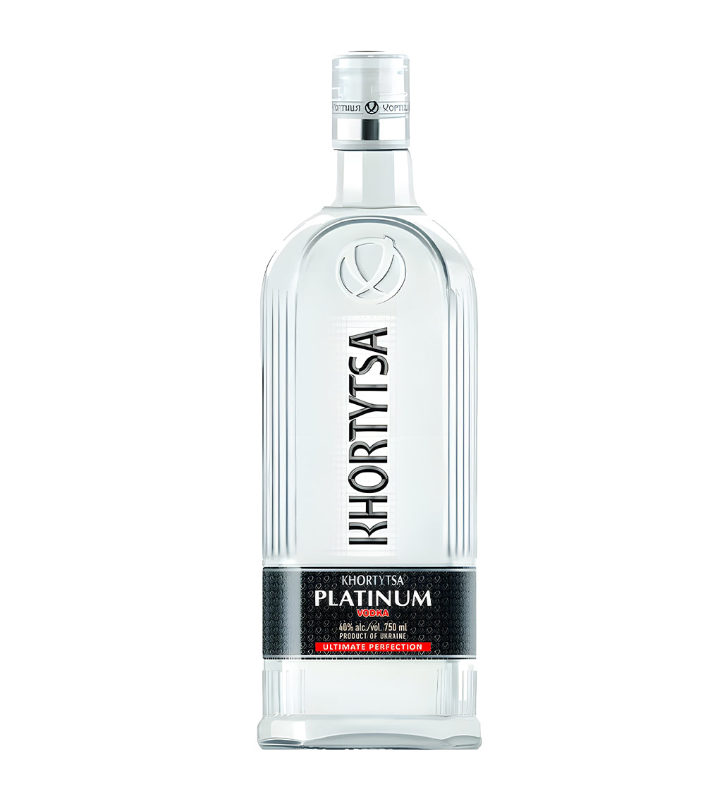 Khortytsa Platinum vodka bottle on a white background