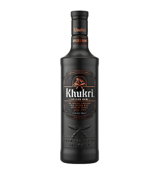Khukri Spiced Rum 75cl dark glass bottle on white background, black and gold label with Nepali khukuri knife emblem