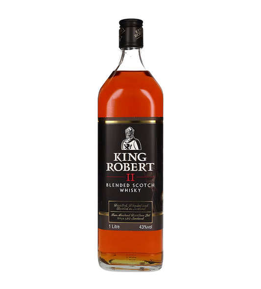 King Robert Blended Scotch Whisky 1L clear glass bottle on white background, light amber spirit with red and gold label featuring brand logo