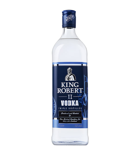 King Robert Vodka 1L clear glass bottle on white background, white and gold label with royal crest logo