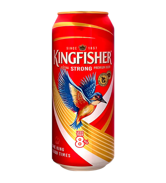 Kingfisher Strong lager beer 50cl can on white background, bold red and gold design with flying kingfisher logo