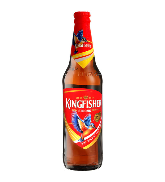 Kingfisher Strong lager beer 65cl glass bottle on white background, red and gold label with kingfisher bird logo