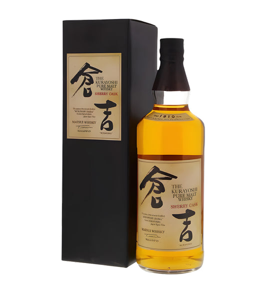 : Kurayoshi Pure Malt Sherry Cask Japanese Whisky 70cl clear glass bottle on white background, deep amber spirit with gold and brown label featuring brand logo