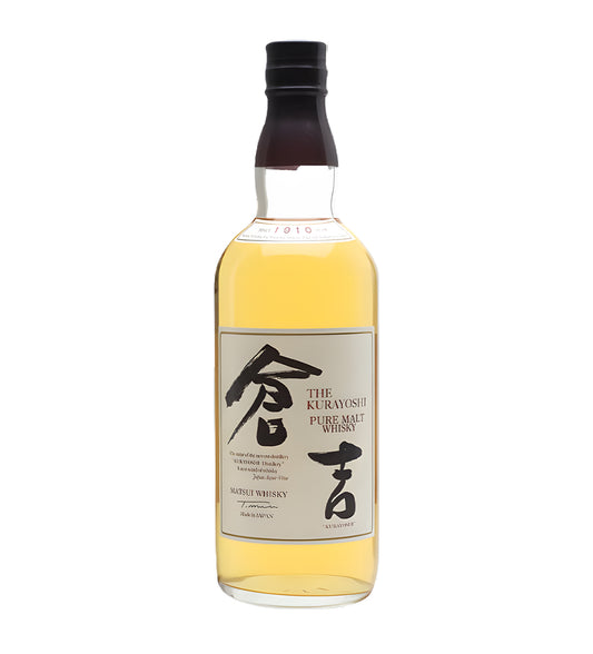 Kurayoshi Pure Malt Japanese Whisky 70cl clear glass bottle on white background, amber spirit with cream and brown label featuring brand logo