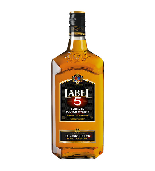 Clear glass bottle, amber whisky, blue and gold label, simple clean white background, realistic shadows and highlights.