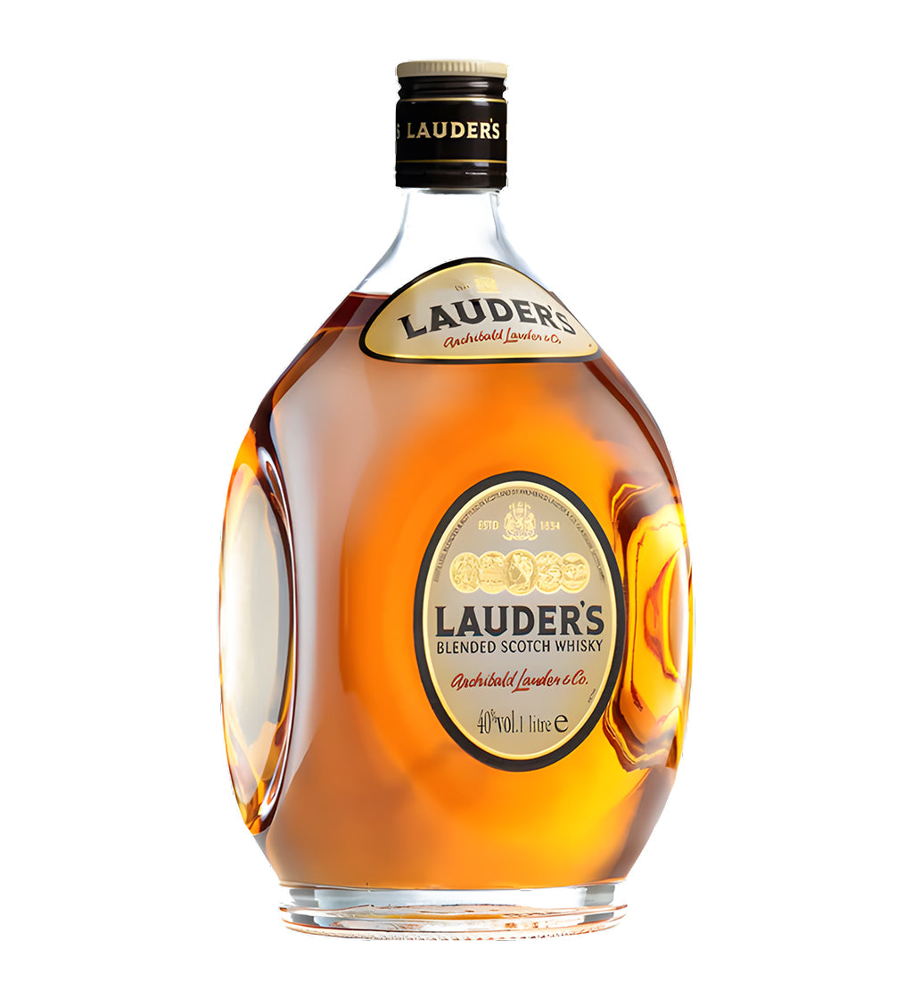 Clear glass bottle, amber whisky, elegant label with gold accents, white background, soft shadows, realistic reflections
