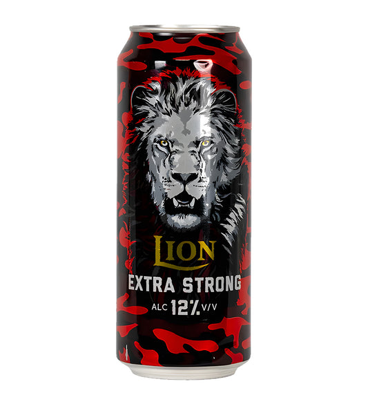 Lion Extra Strong beer can with a lion graphic on a black and red background