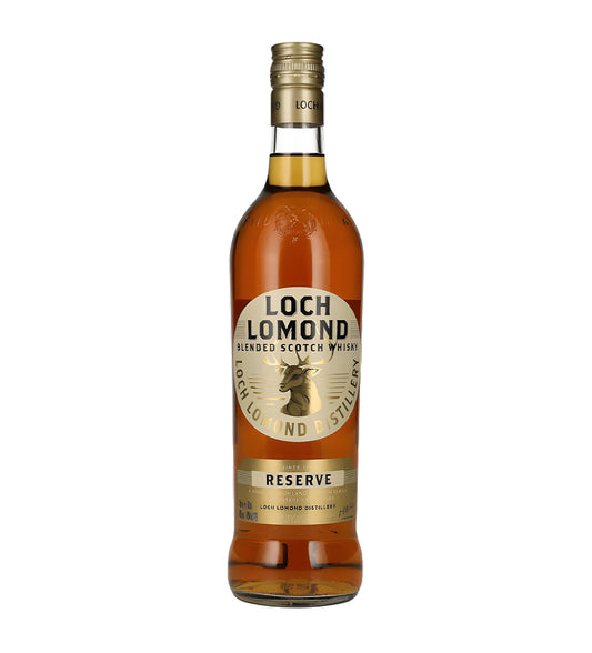 Clear glass bottle, amber whisky, classic label, white background, crisp lighting, realistic reflections.