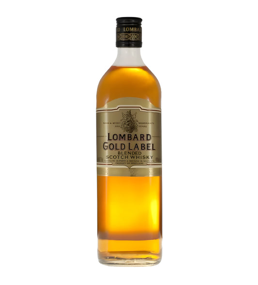 Clear glass bottle, amber whisky, gold-accented label, white background, studio lighting with subtle shadows.
