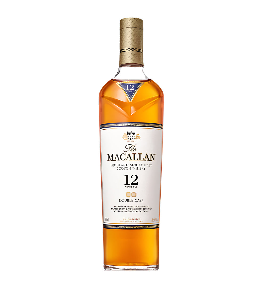 Clear glass bottle, amber whisky, clean label with gold highlights, white background, crisp lighting and realistic shadows.