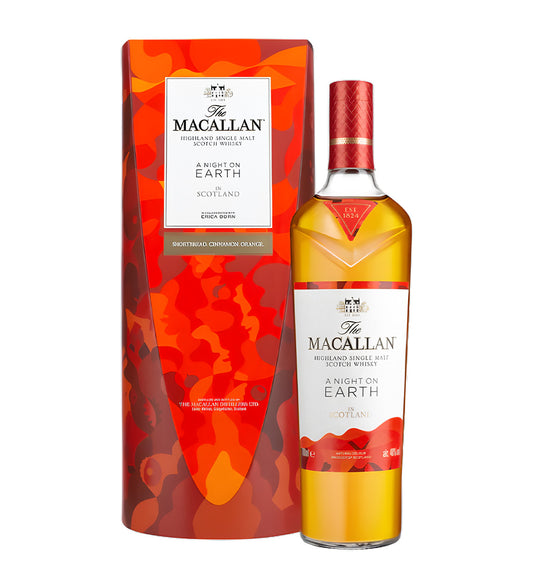 Clear glass bottle, dark amber whisky, minimalist label with “Night on Earth” motif, white background, realistic shadows, studio lighting.