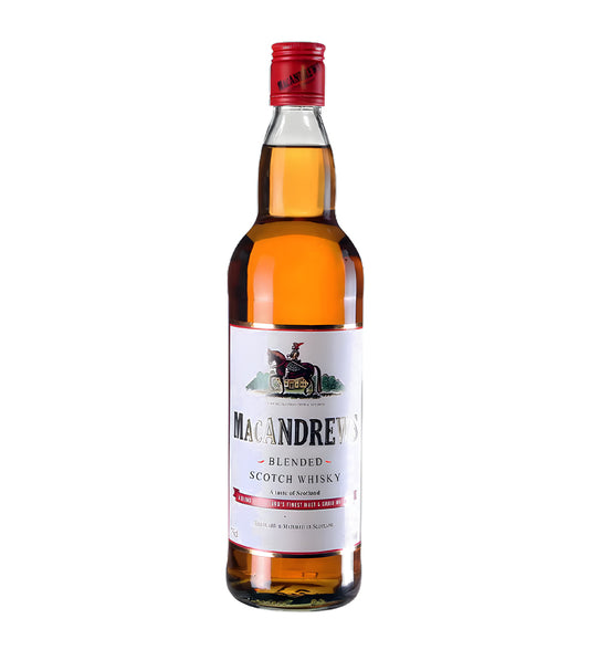 Tall clear glass bottle, golden-brown whisky, classic label with red and gold accents, white background, subtle reflections.