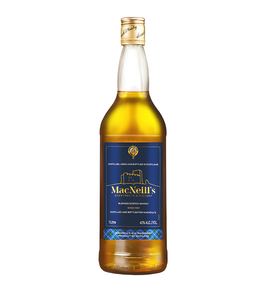 Clear glass bottle, amber whisky, traditional blended whisky label, white background, realistic studio lighting.