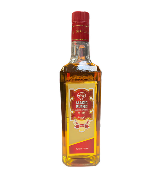 Clear bottle, rich amber whisky, elegant label with “Reserve” branding, white background, realistic shadows and reflections.