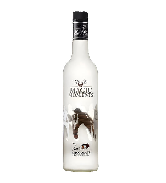 Magic Moments Remix Chocolate Vodka 75cl clear glass bottle on white background, brown label with chocolate imagery and brand logo