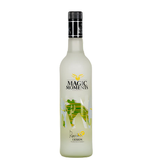 Bottle of 'Magic Moments' lemon liqueur on a white background