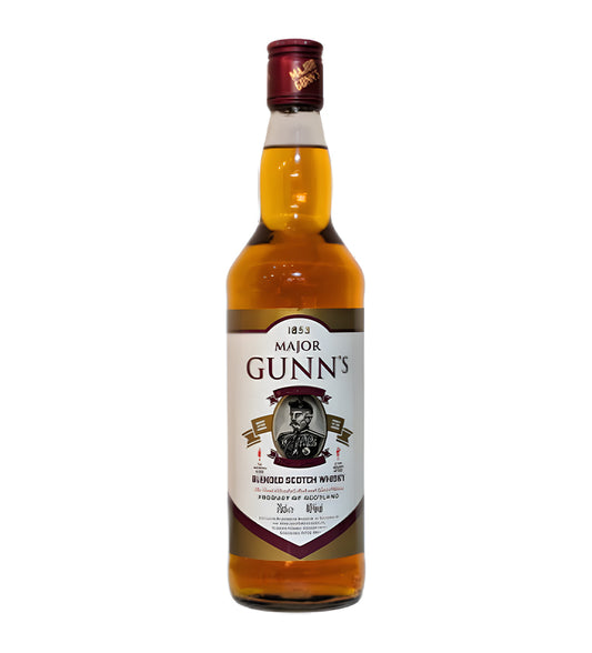 Clear glass bottle, golden whisky, bold label with classic Scotch design, white background, crisp lighting.