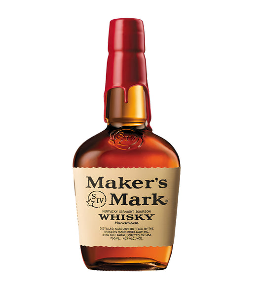 Signature square clear bottle, amber bourbon, red wax-sealed neck, white background, realistic reflections and shadows.