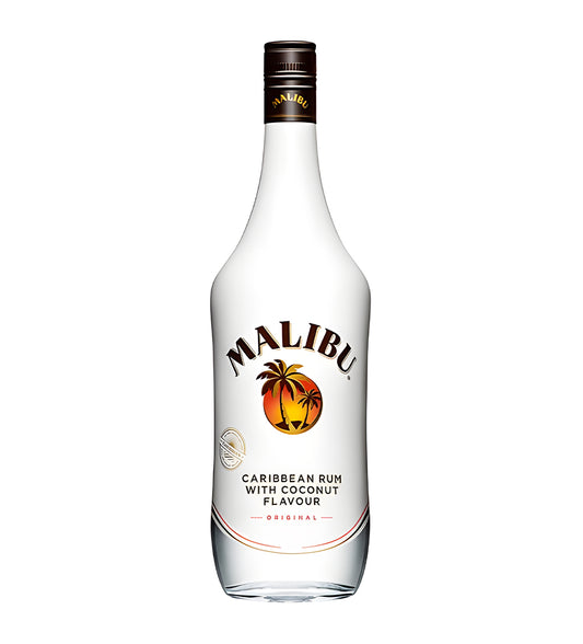 Malibu Caribbean white rum with coconut flavour 1L white bottle on white background, palm tree logo with brown and orange accents