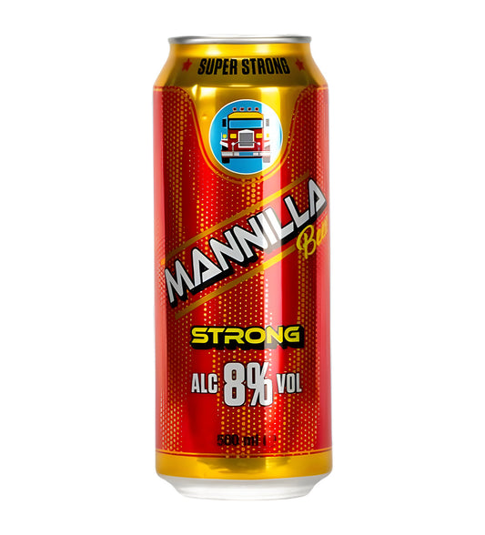 Mannilla beer can with red and gold design on a white background