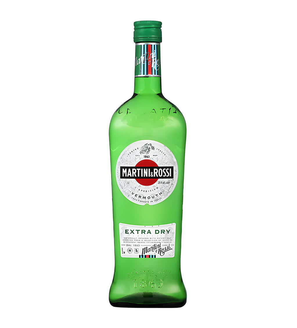 Green bottle of Martini Rossi Extra Dry Vermouth on a white background