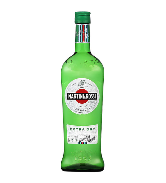 Green bottle of Martini Rossi Extra Dry Vermouth on a white background