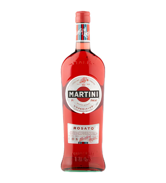 Red bottle of Martini Rosato on a white background
