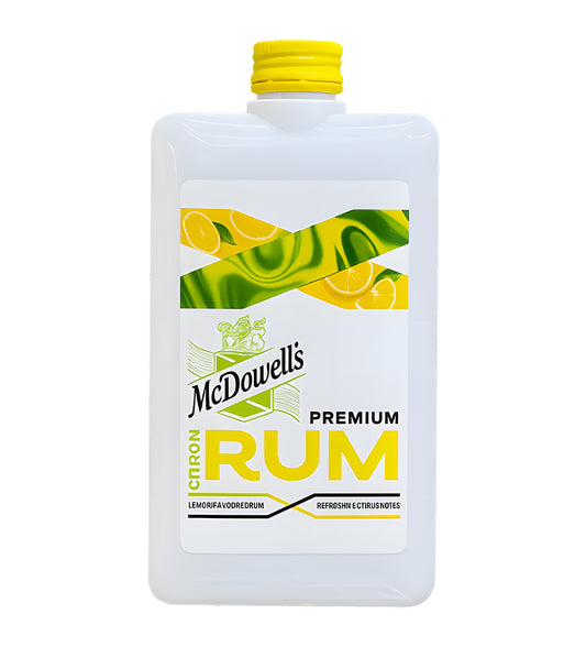 McDowell’s No.1 X Premium Citrus Rum 18cl clear glass bottle on white background, yellow label with citrus imagery and brand logo