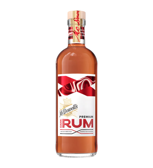McDowell’s No.1 X Premium Dark Rum 75cl dark glass bottle on white background, black and gold label with brand logo