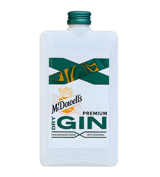  McDowell’s No.1 X Premium Gin 18cl clear glass bottle on white background, white and gold label with red accents