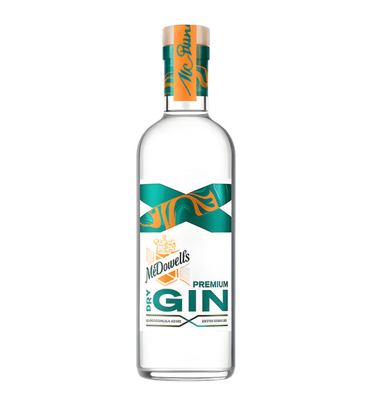 McDowell’s No.1 X Premium Gin 75cl clear glass bottle on white background, white and gold label with red accents