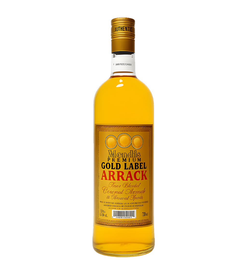 Bottle of Mileendills Premium Gold Label Arrack on a white background