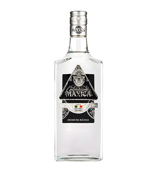 Mexica Tequila Silver 70cl clear glass bottle on white background, clear spirit with white and silver label featuring agave imagery