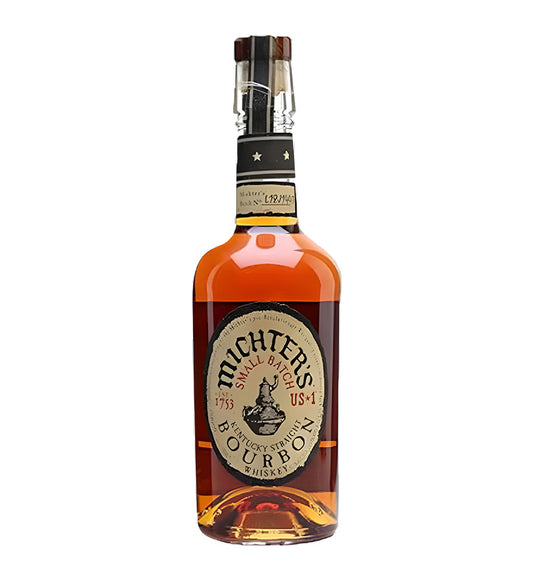 Classic bourbon bottle, rich amber liquid, label with traditional Kentucky bourbon design, white background, subtle shadows.