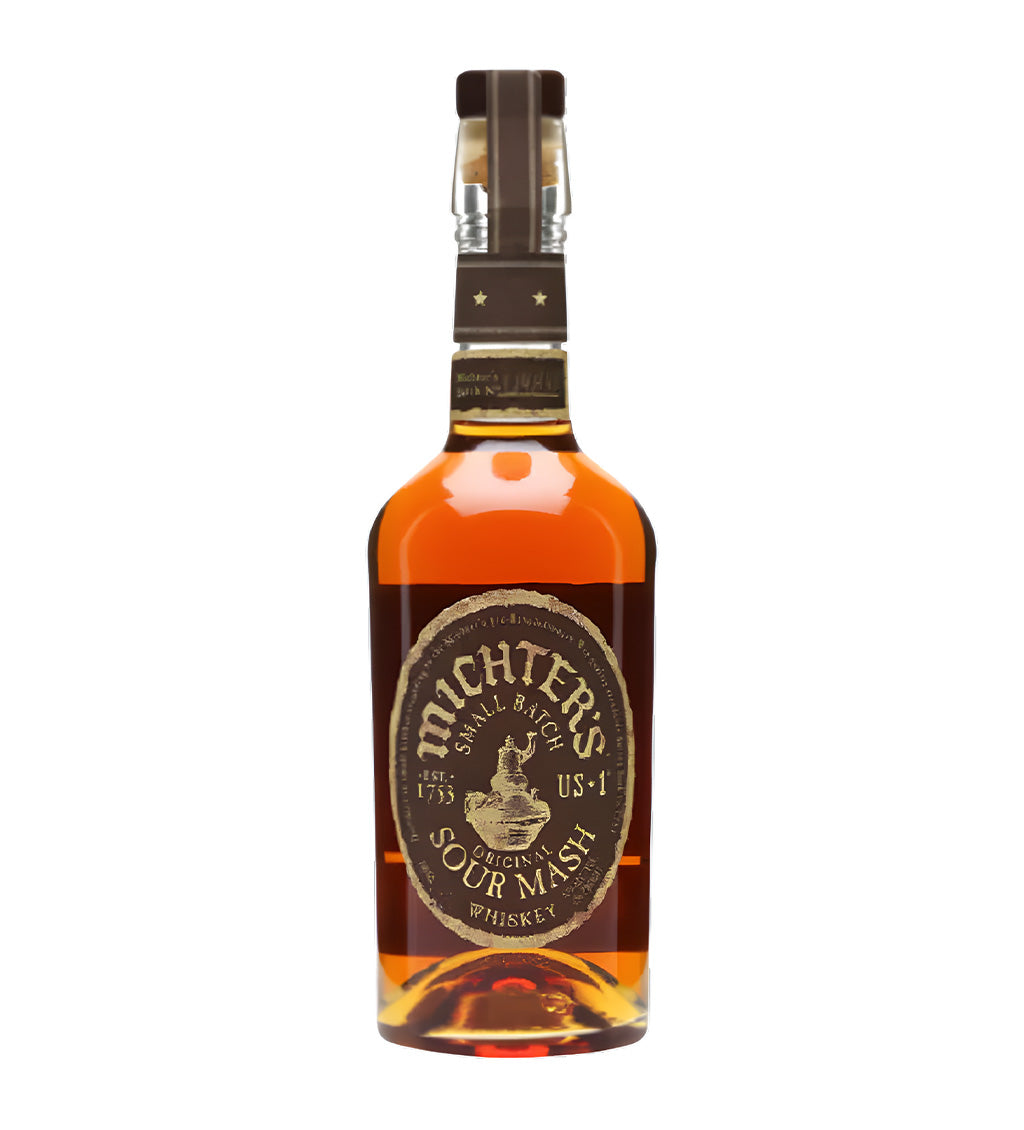 Clear bottle, amber bourbon, vintage-style label, white background, realistic reflections and lighting.