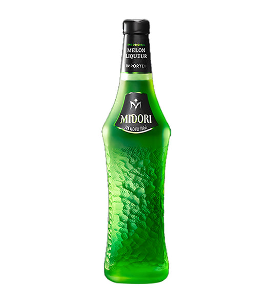 Green bottle of Midori melon liqueur on a white background