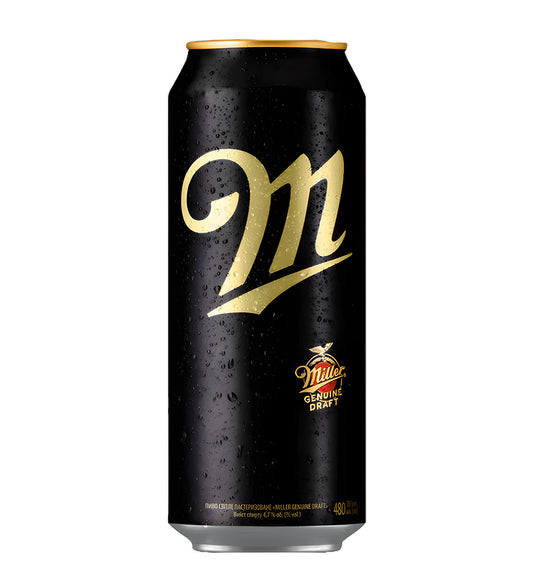 Black can with gold 'm' logo on a white background