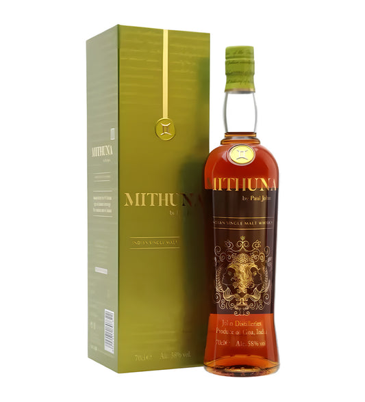 Sleek clear bottle, amber Indian single malt, contemporary Paul John label design, white background, cinematic shadows.