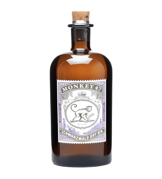 Monkey 47 Schwarzwald Dry Gin 50cl dark brown apothecary-style bottle on white background, vintage cream label with monkey illustration