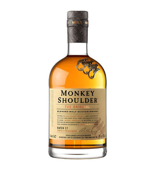 Signature rounded bottle, golden whisky, label with “Monkey Shoulder” branding, white background, studio lighting with subtle reflections.