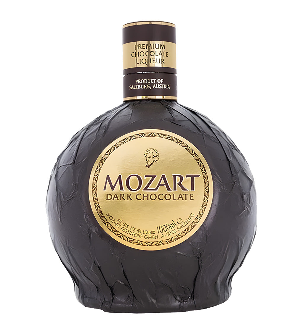 Mozart Dark Chocolate liqueur bottle on a white background
