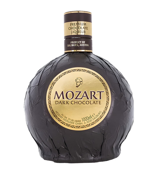 Mozart Dark Chocolate liqueur bottle on a white background